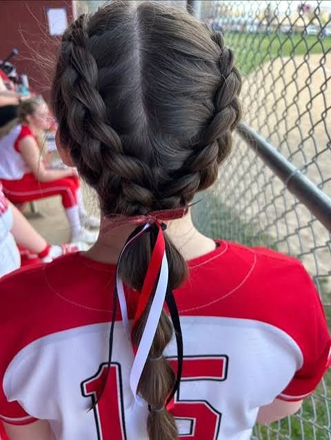 Braided Crown Into Ponytail With Ribbon Braided Crown Into Ponytail With Ribbon — Softball Hairstyles
