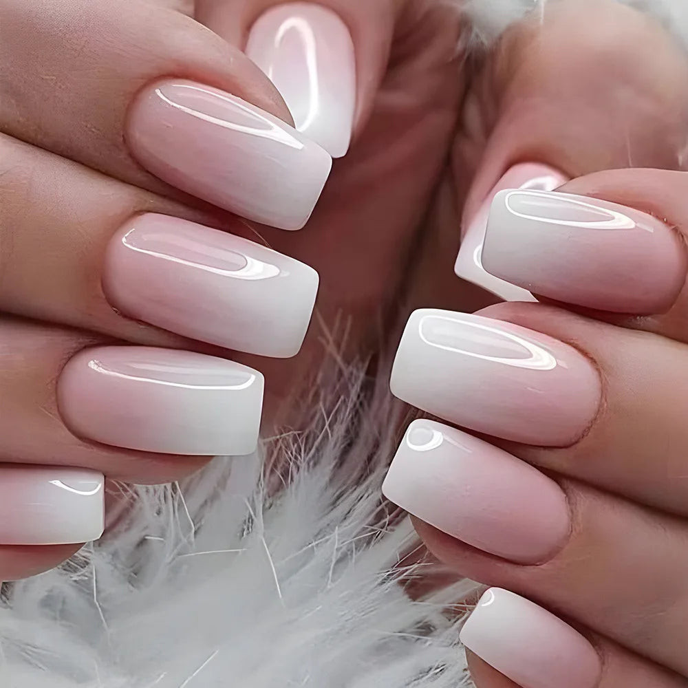 Short Pink White Ombre Square Extensions — Nail Extensions