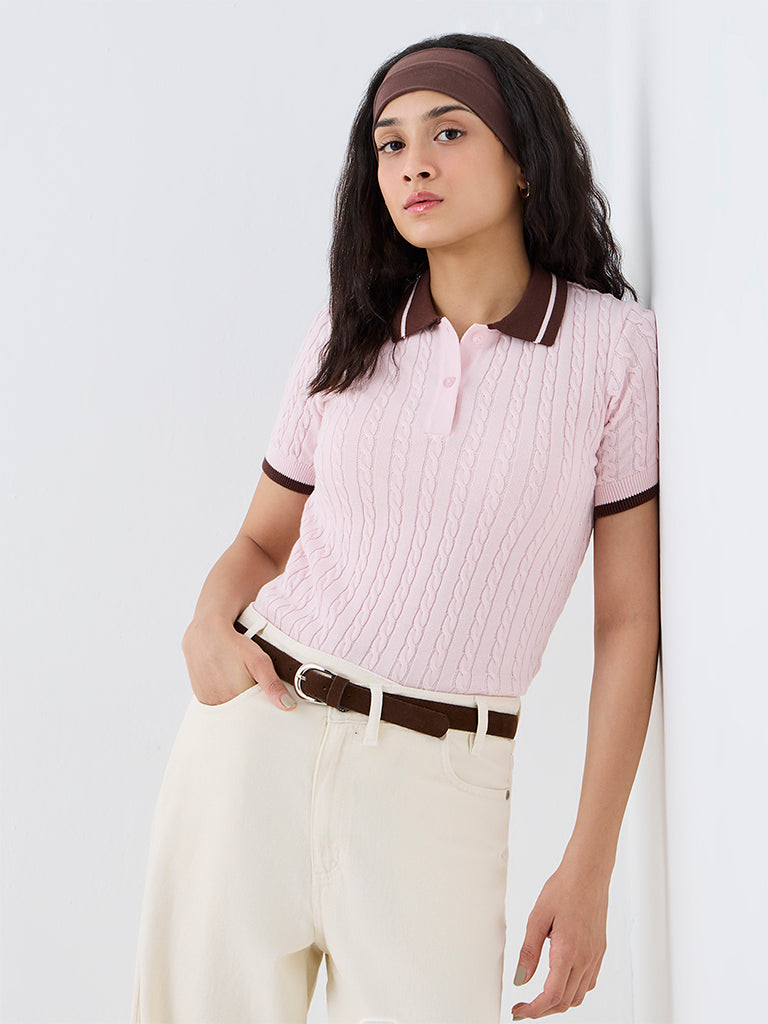 Trendy Texture: Pink Cable-Knit Polo Trendy Texture: Pink Cable-Knit Polo — Polo Shirt Outfits Women