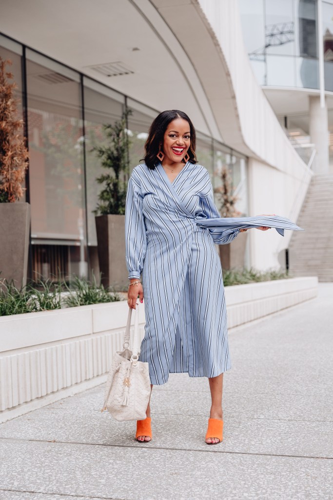 Blue and White Striped Midi Wrap Dress for Work Blue and White Striped Midi Wrap Dress for Work — Wrap Dresses