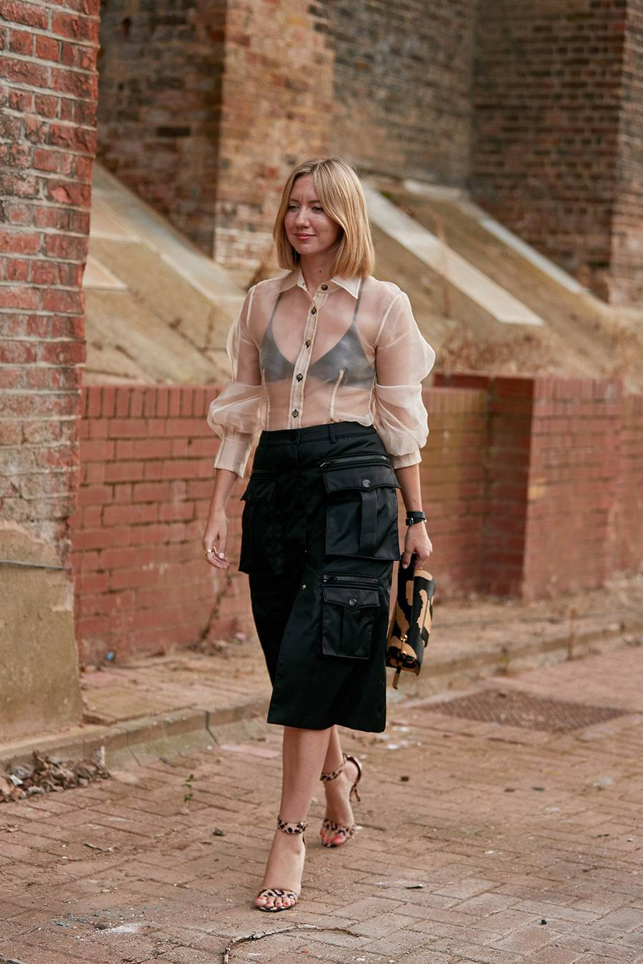 Sheer Organza Shirt Over a Black Bra with Cargo Skirt — Sheer Top Outfits