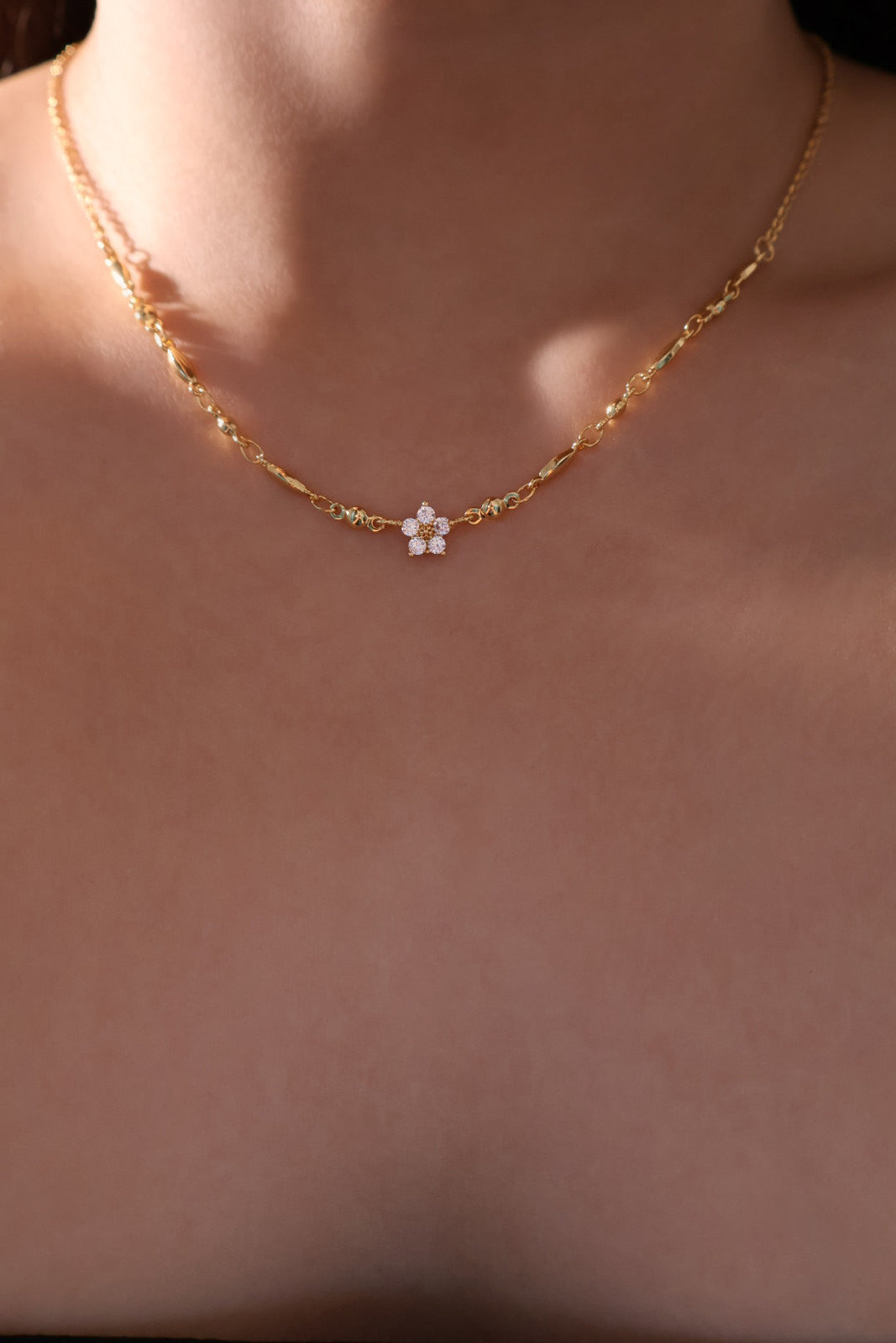 Flower Pendant Necklace with Stone Details — Dainty Gold Necklaces