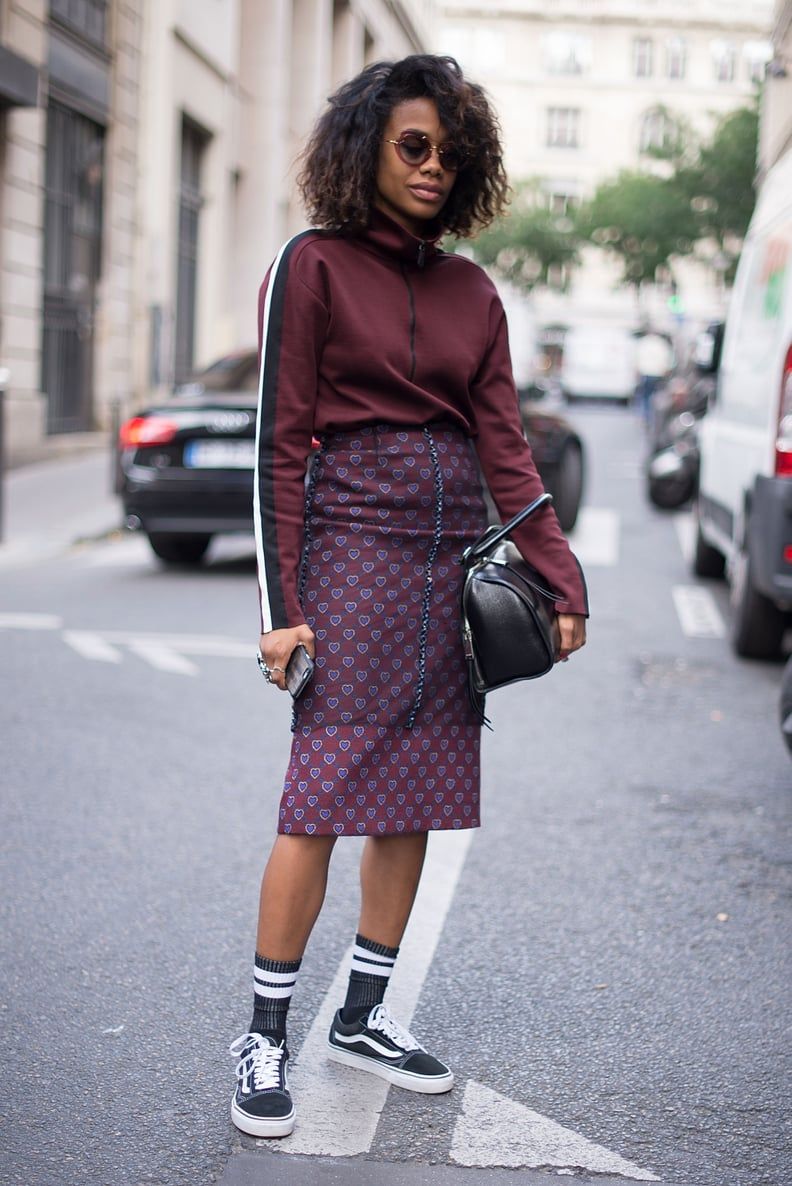 Street Style with Track Jacket, Pencil Skirt, and Vans Street Style with Track Jacket, Pencil Skirt, and Vans — Vans Outfits