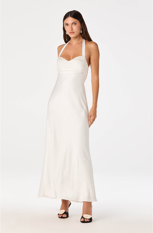 White Satin Halter Neck Maxi Dress with Flowing Column Silhouette — Graduation Dresses