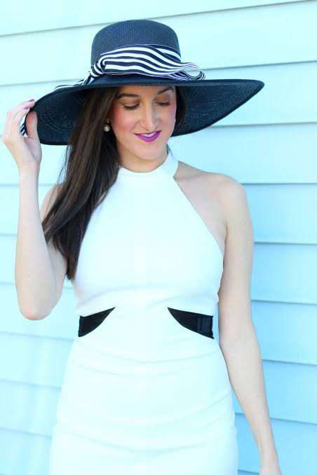 White Halter Dress with Striped Navy Hat — Kentucky Derby Outfits