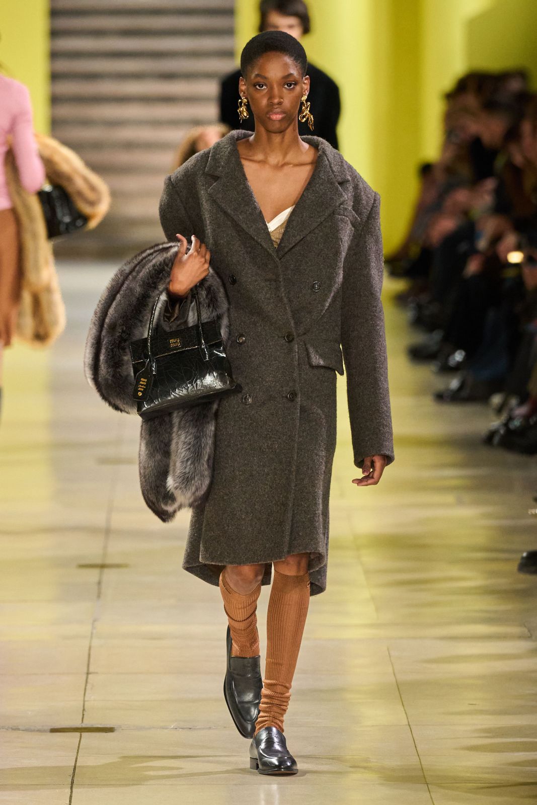 Miu Miu Oversized Grey Wool Coat with Embellished Top — Miu Miu Outfits