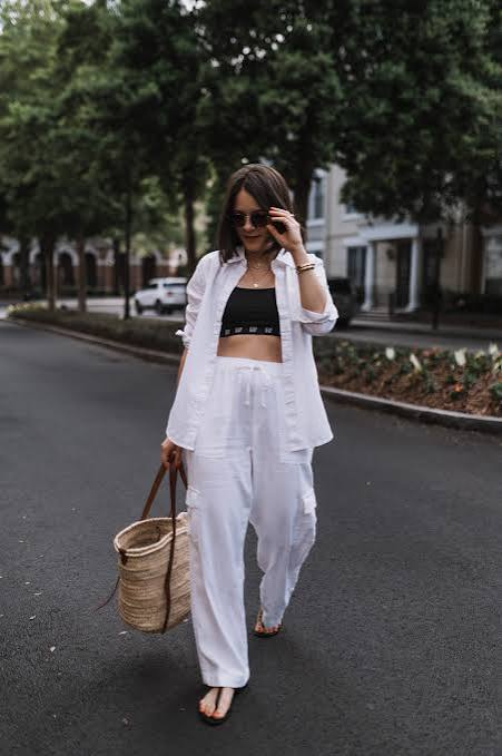 White Linen Cargo Pants With Bralette and Open Shirt — Cargo Pants Outfits