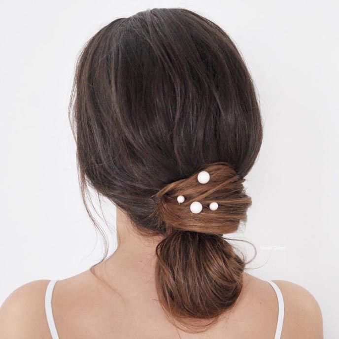 Low Textured Bun With Pearl Pins Low Textured Bun With Pearl Pins — Hairstyles for Teachers