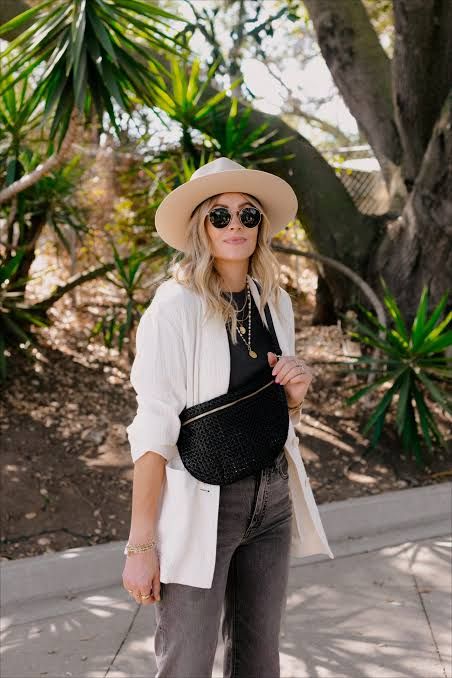 Woven Belt Bag with Oversized Blazer and Jeans — Belt Bag Outfits