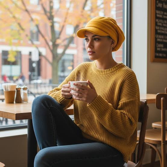 Autumnal Charm: Mustard Yellow Cap with Knit Sweater — Newsboy Cap Outfits