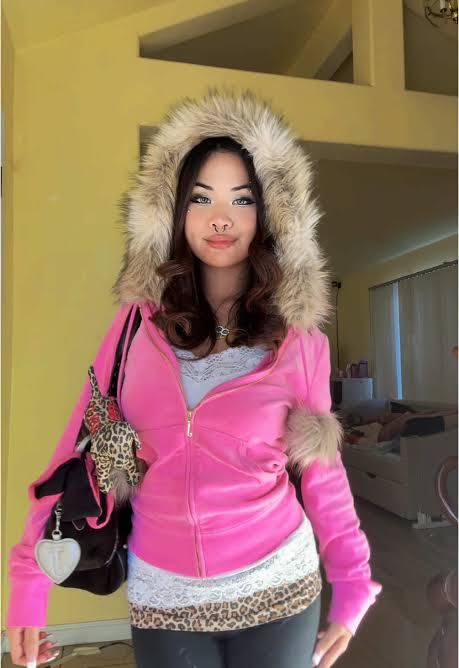 Vibrant Pink Hoodie with Fur Trim and Lace Details Vibrant Pink Hoodie with Fur Trim and Lace Details — McBling Outfits