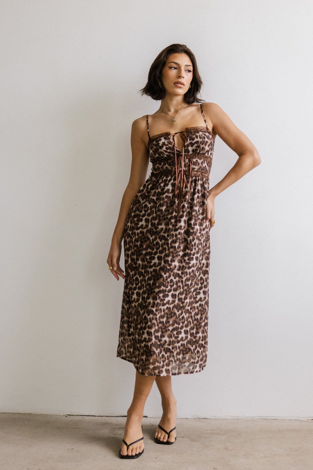 Relaxed Leopard Midi Dress with Lace-Up Neckline — Leopard Print Dresses