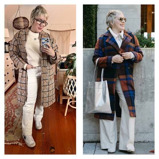 Plaid Coat Cream Sweatshirt White Pants Oversized Plaid Coat for Casual Winter Warmth Plaid Coat Cream Sweatshirt White Pants Oversized Plaid Coat for Casual Winter Warmth — Portland Outfits