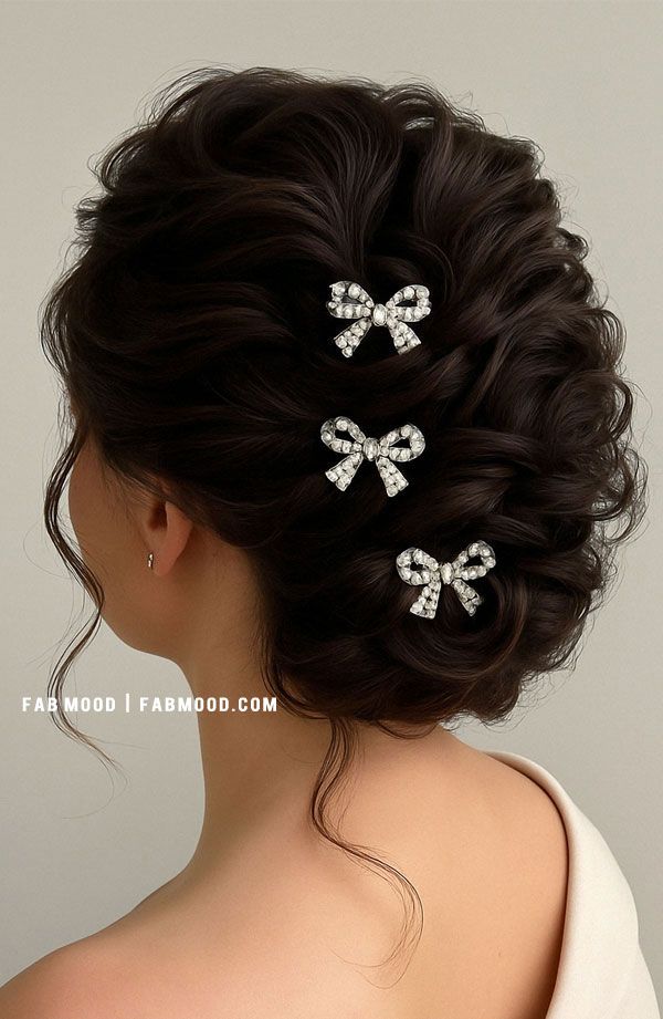Dark Brown Updo with Curls and Bow Pins Dark Brown Updo with Curls and Bow Pins — Prom Hairstyles for Short Hair