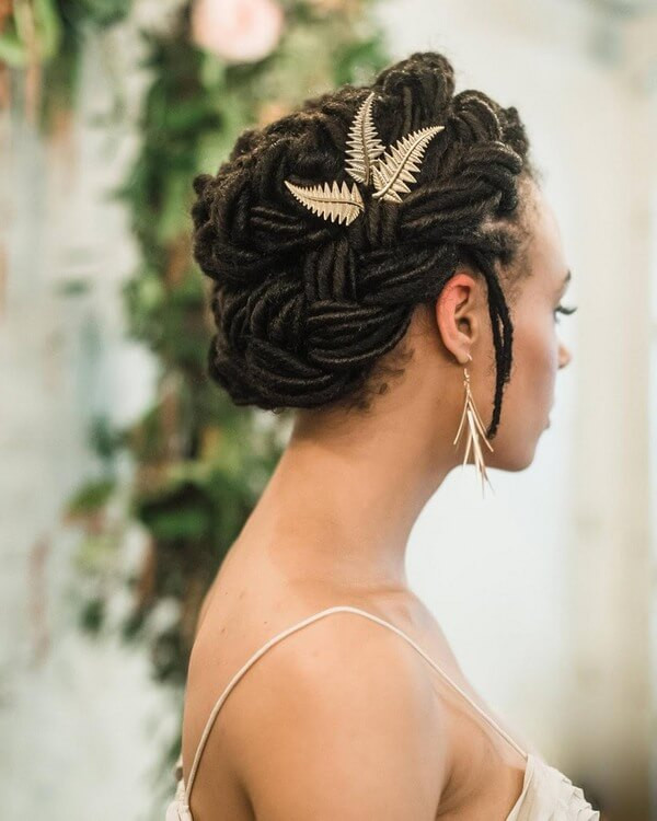 Intricate Loc Updo With Golden Fern Accessory Intricate Loc Updo With Golden Fern Accessory — Loc Styles for Wedding