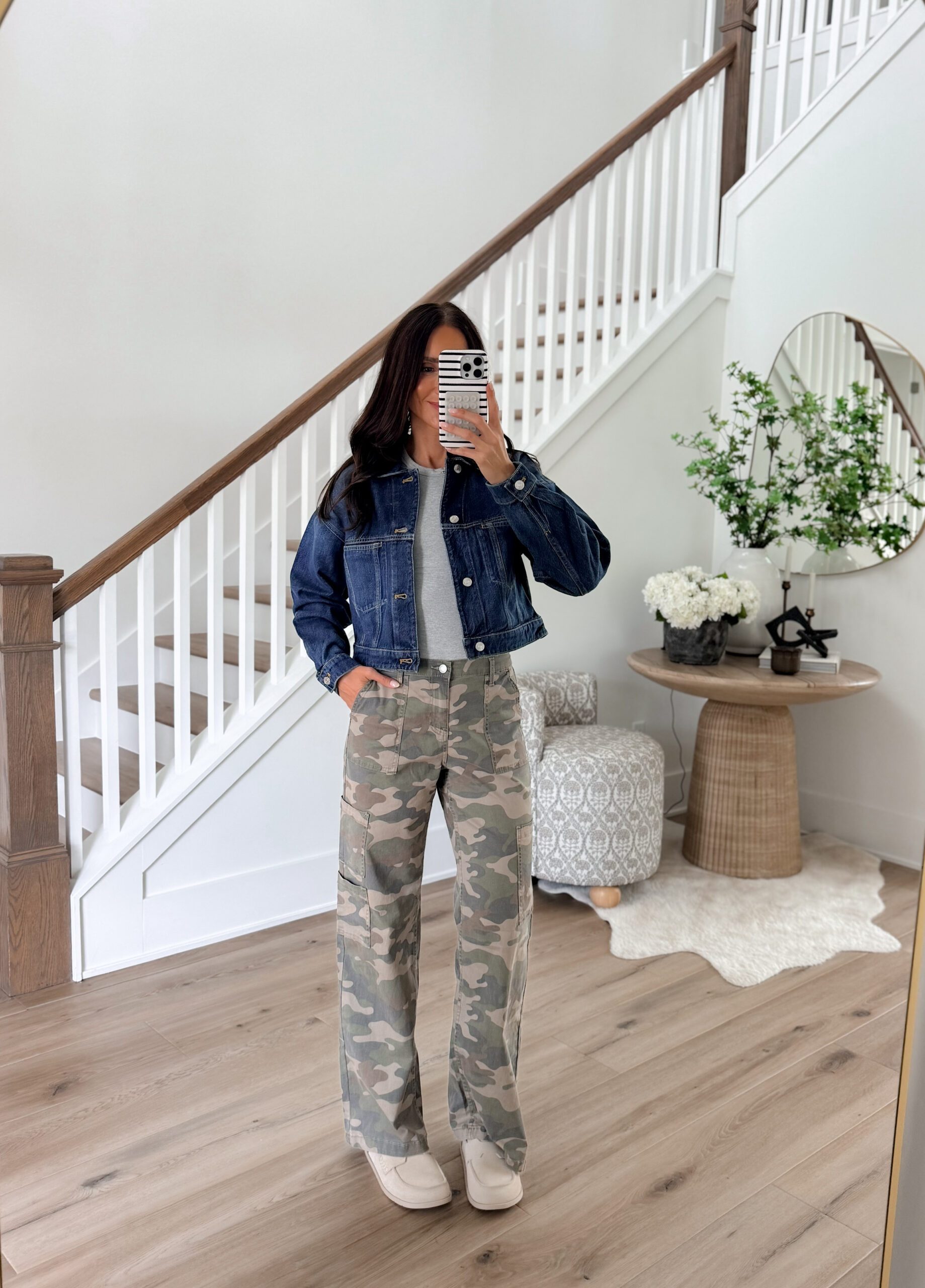 Wide-Leg Camo Pants with Denim Jacket and Sneakers Wide-Leg Camo Pants with Denim Jacket and Sneakers — Camo Outfits