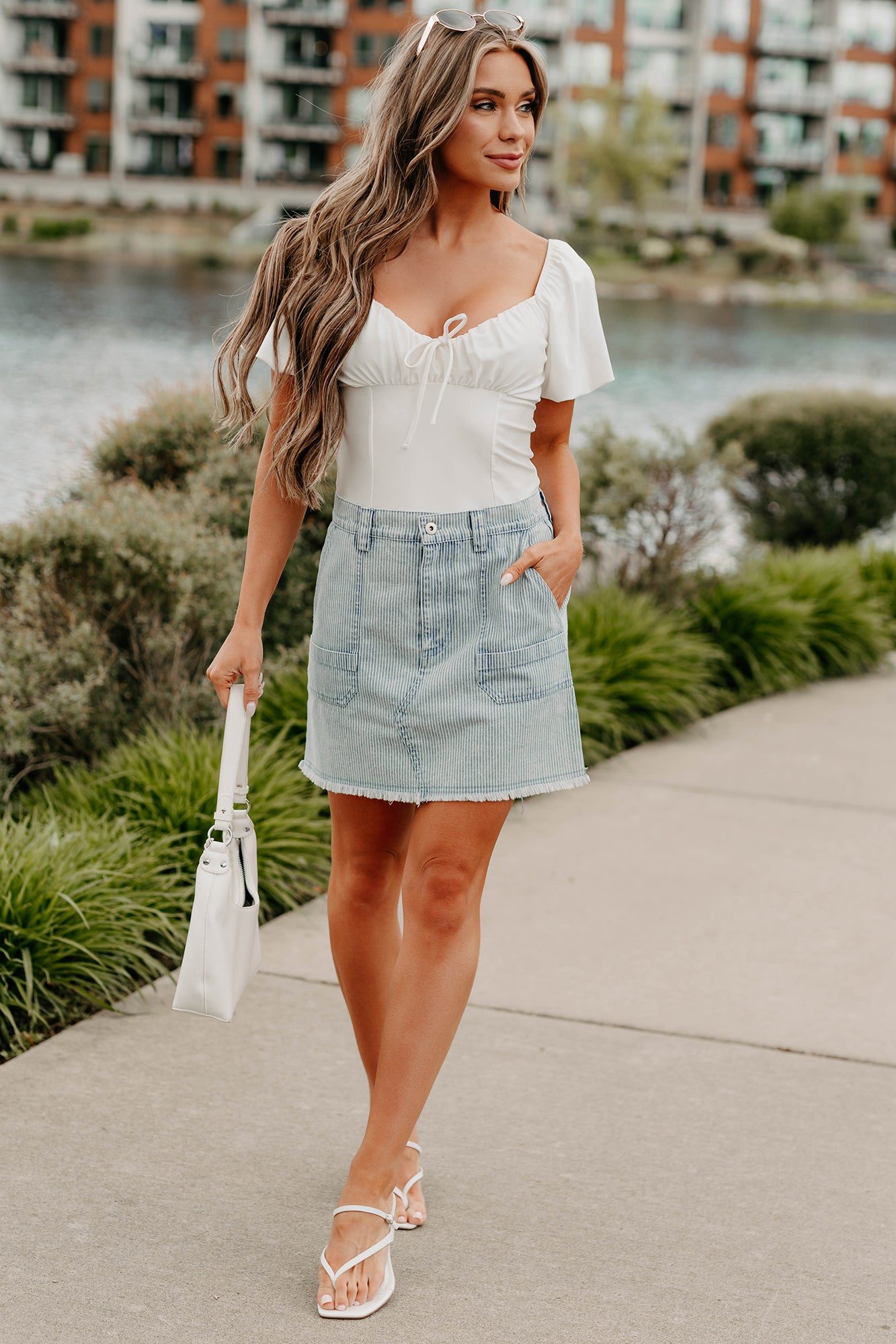 Striped Denim Mini Skirt with Tie-Front Bodysuit Striped Denim Mini Skirt with Tie-Front Bodysuit — Mini Skirts