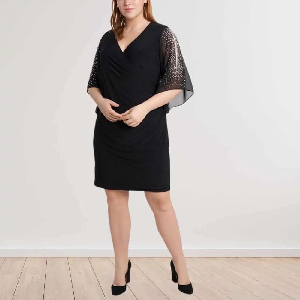 Ruched Dress with Embellished Sleeves: Cocktail Elegance — Outfits for Big Arms