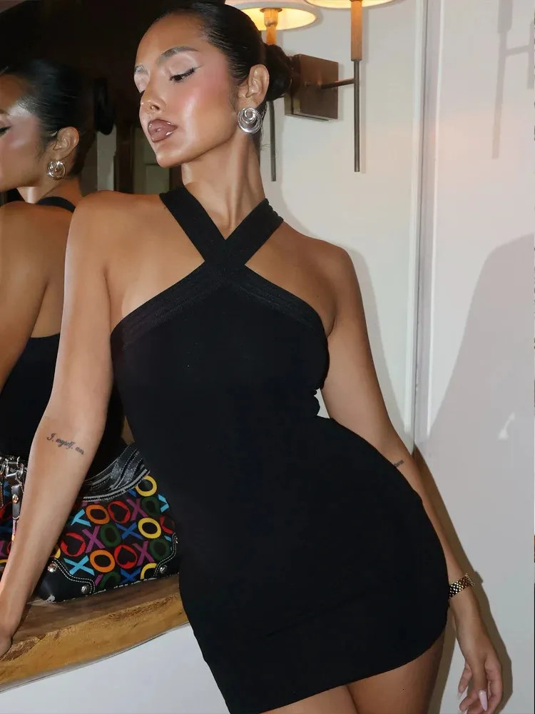 Black Halter Neck Bodycon Mini with Criss-Cross Detail — Bodycon Dresses
