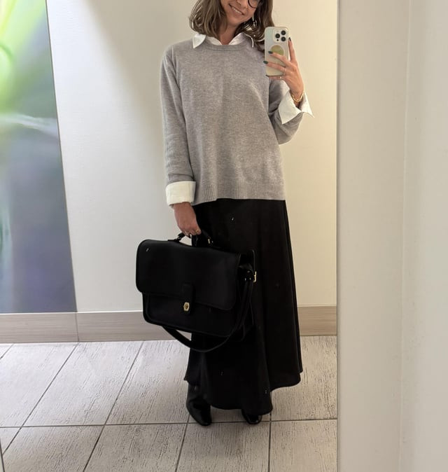Polished Professionalism: Grey Sweater with Long Black Skirt — Therapist Outfits