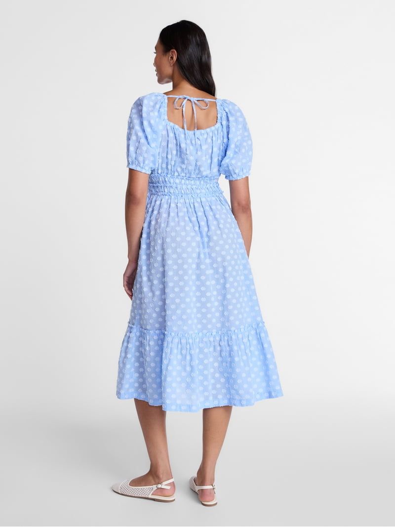 Light Blue Puff Sleeve Midi Dress with Cinched Waist Light Blue Puff Sleeve Midi Dress with Cinched Waist — Square Neck Dresses