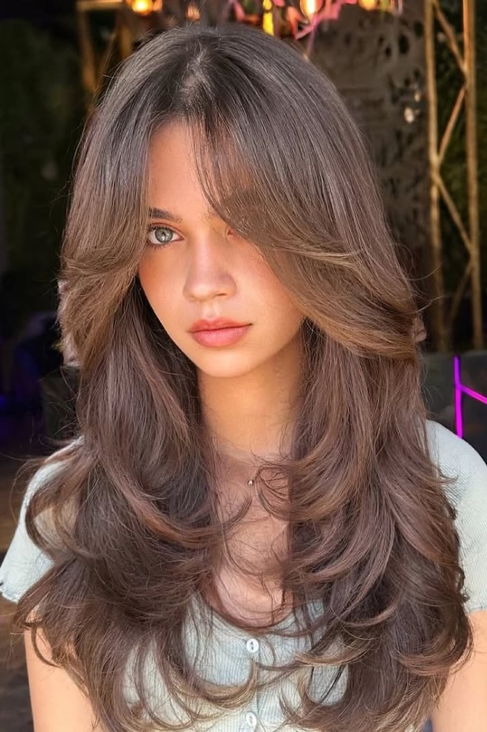 Soft Mocha Brown Hair with Light Blue Top Soft Mocha Brown Hair with Light Blue Top — Long Curtain Bangs