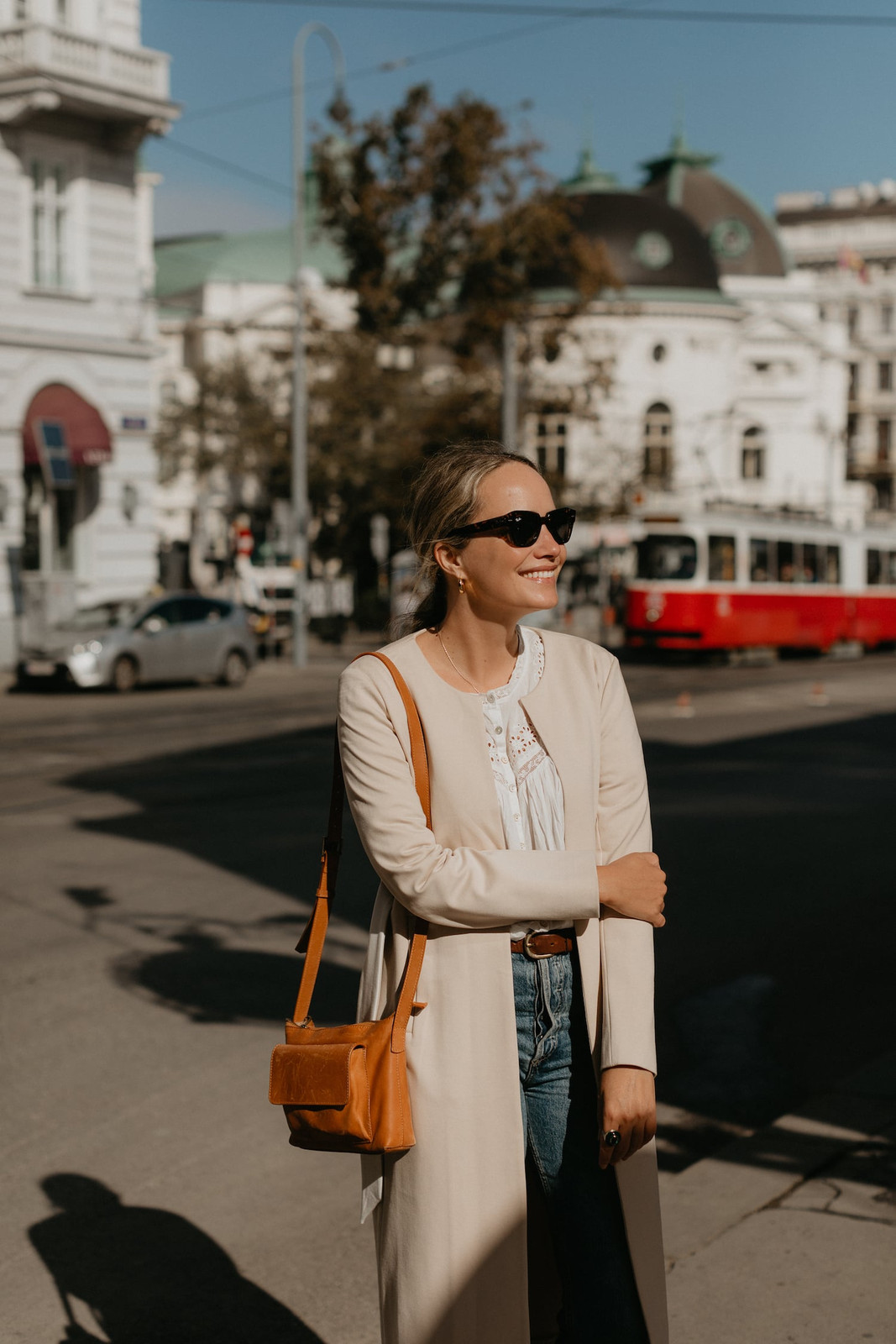 Beige Long Coat with White Blouse and Jeans Beige Long Coat with White Blouse and Jeans — Vienna Outfits