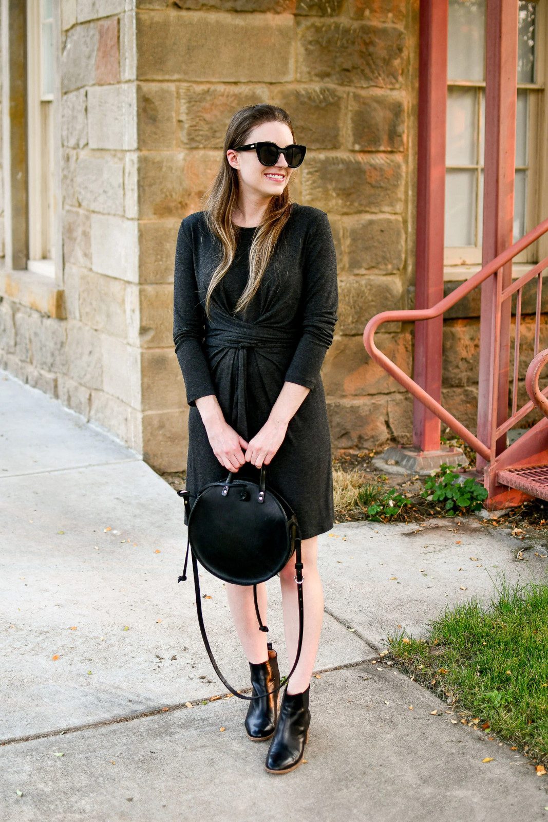 Knit Dress with Twisted Detail and Circular Handbag — Dressy Casual Outfits