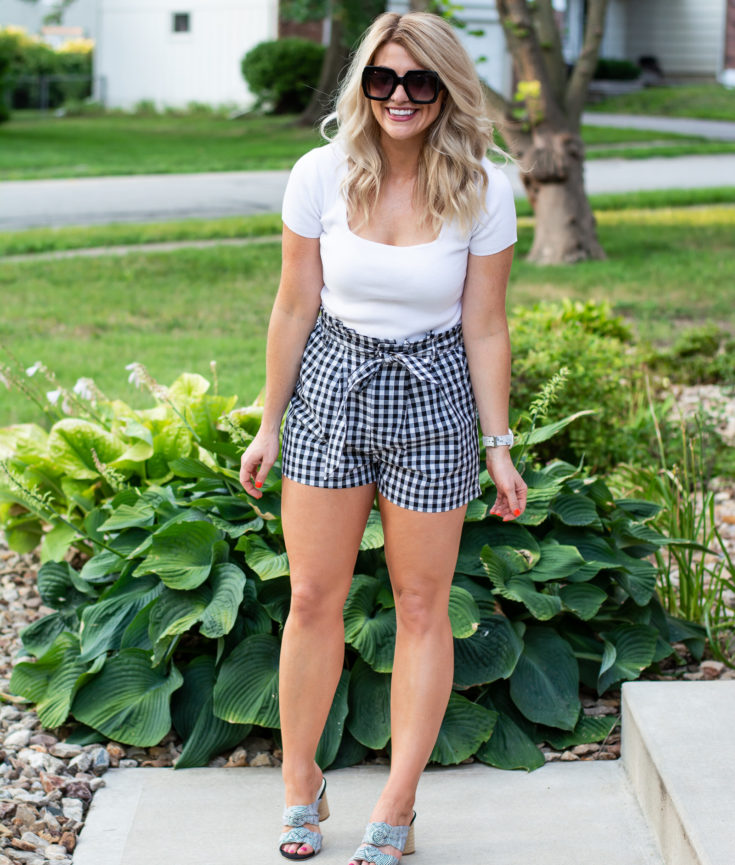 Summer Casual Fun: White Scoop Neck T-Shirt with Gingham Shorts — Crop Top Outfits
