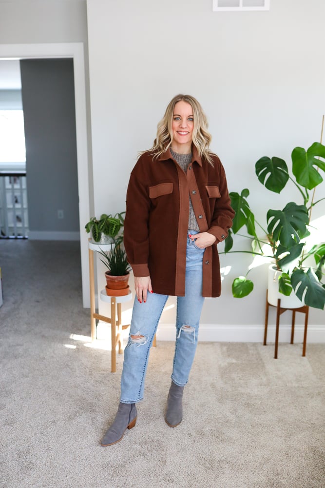 Ripped Straight Leg Jeans with Colorblock Shacket — Straight Leg Jeans Outfits