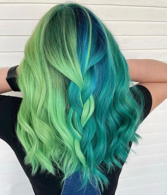 Split Dye Turquoise And Lime Green Visual Idea — Turquoise Hair