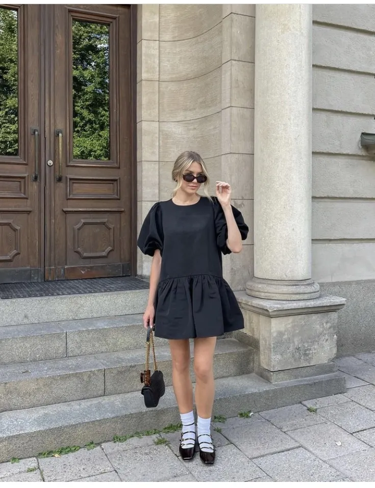 Gothic Charm: Black Mary Janes with Puff-Sleeve Mini Dress Gothic Charm: Black Mary Janes with Puff-Sleeve Mini Dress — Mary Jane Outfits