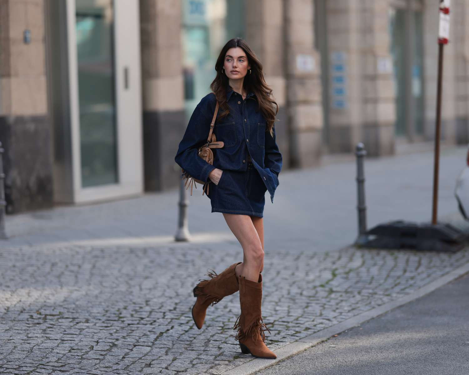 Fringe Details: Brown Suede Cowboy Boots with Denim Mini — Cowboy Boots with Skirt Outfits