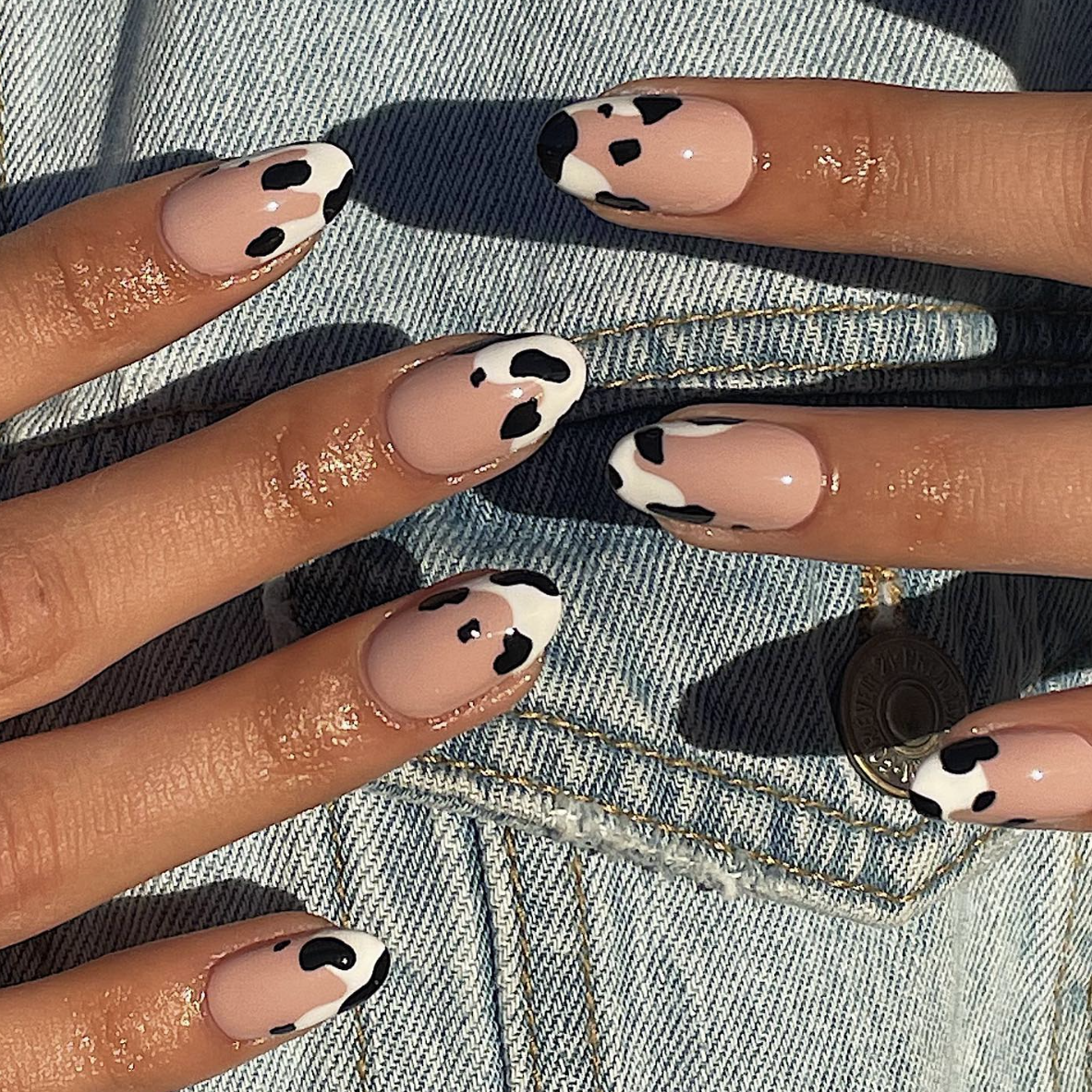 Medium Almond Glossy Cow Print French — Western Nails