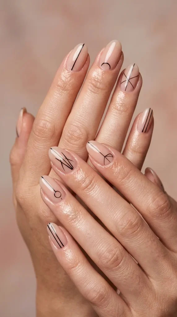 Sheer Nude Base Black And White Lines Visual Idea Sheer Nude Base Black And White Lines Visual Idea — Line Art Nails