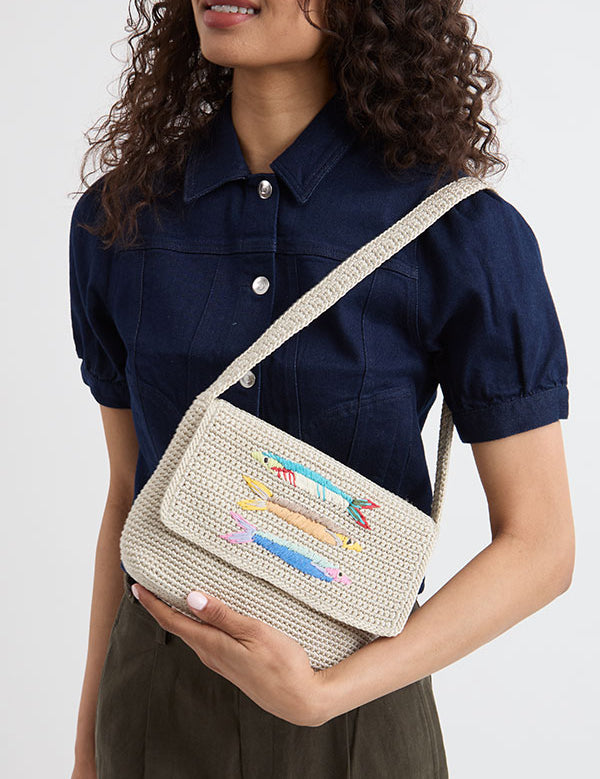 Denim Shirt and Trousers with Beige Crochet Bag Denim Shirt and Trousers with Beige Crochet Bag — Shoulder Bags