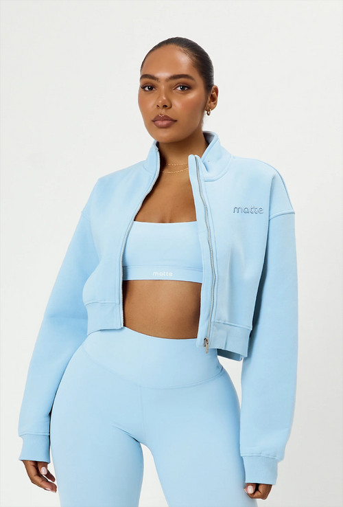 None Visible Light Blue Matching Set with Cropped Zip-Up Jacket — Outfits for Athletic Build