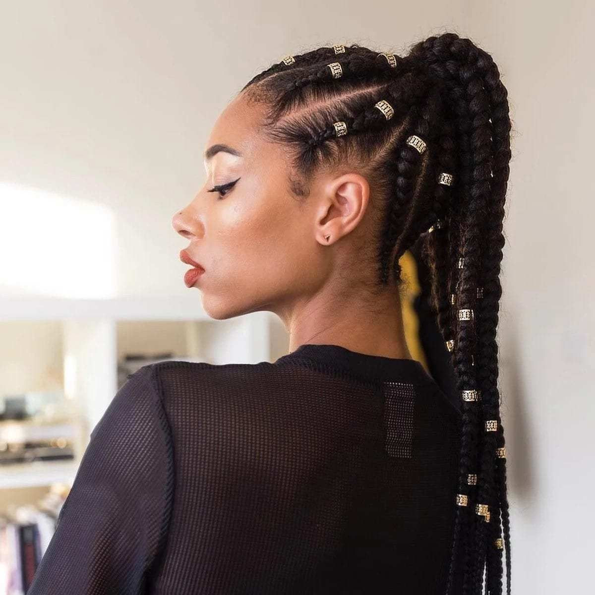 Knotless Braids Ponytail With Gold Beads