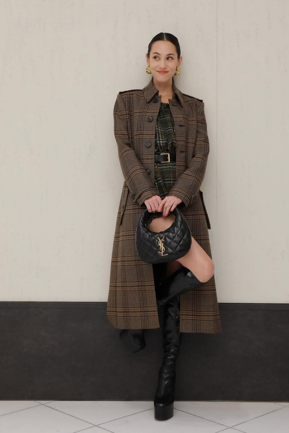Autumnal Layers: YSL Bag with Plaid Dress and Trench Coat — YSL Bag Outfits