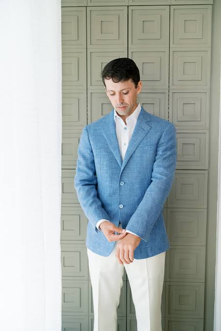 Blue Textured Blazer with White Trousers — Mens Wedding Guest Outfits