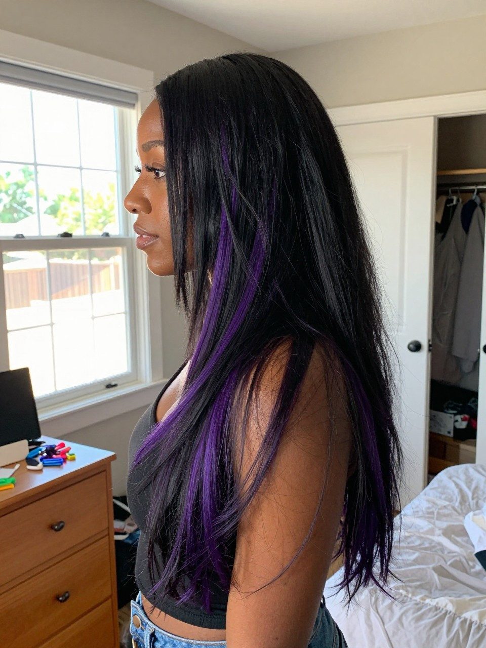 Thick Vibrant Purple Streaks on Long Straight Hair Thick Vibrant Purple Streaks on Long Straight Hair — Purple Highlights on Black Hair