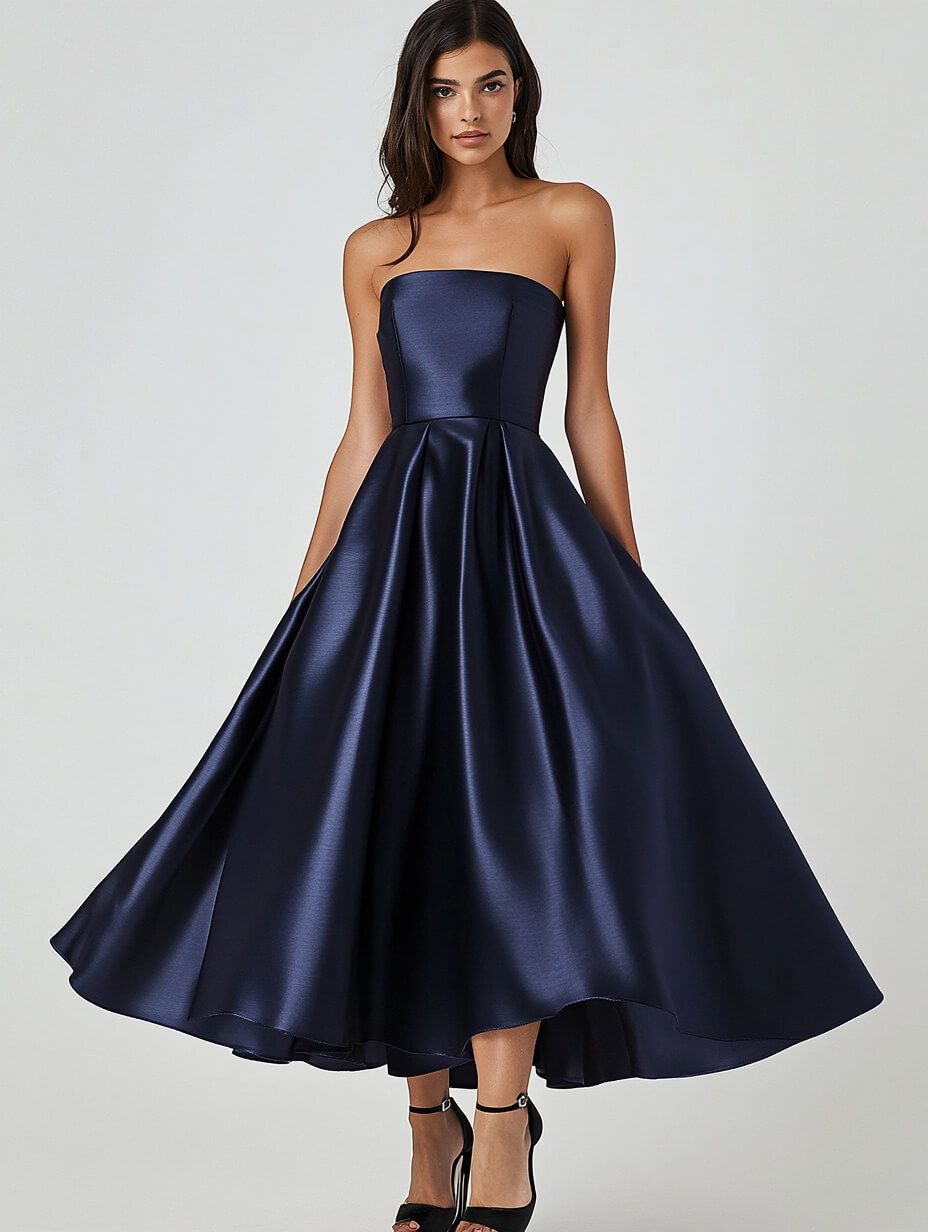 Navy Blue Strapless Satin Gown with High-Low Hem Navy Blue Strapless Satin Gown with High-Low Hem — Charity Gala Outfits