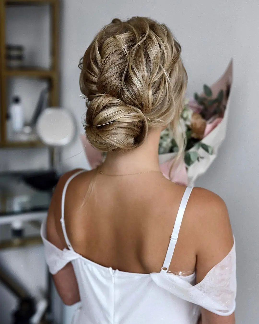 Ash Blonde Low Bun with Curled Sections — Wedding Low Bun