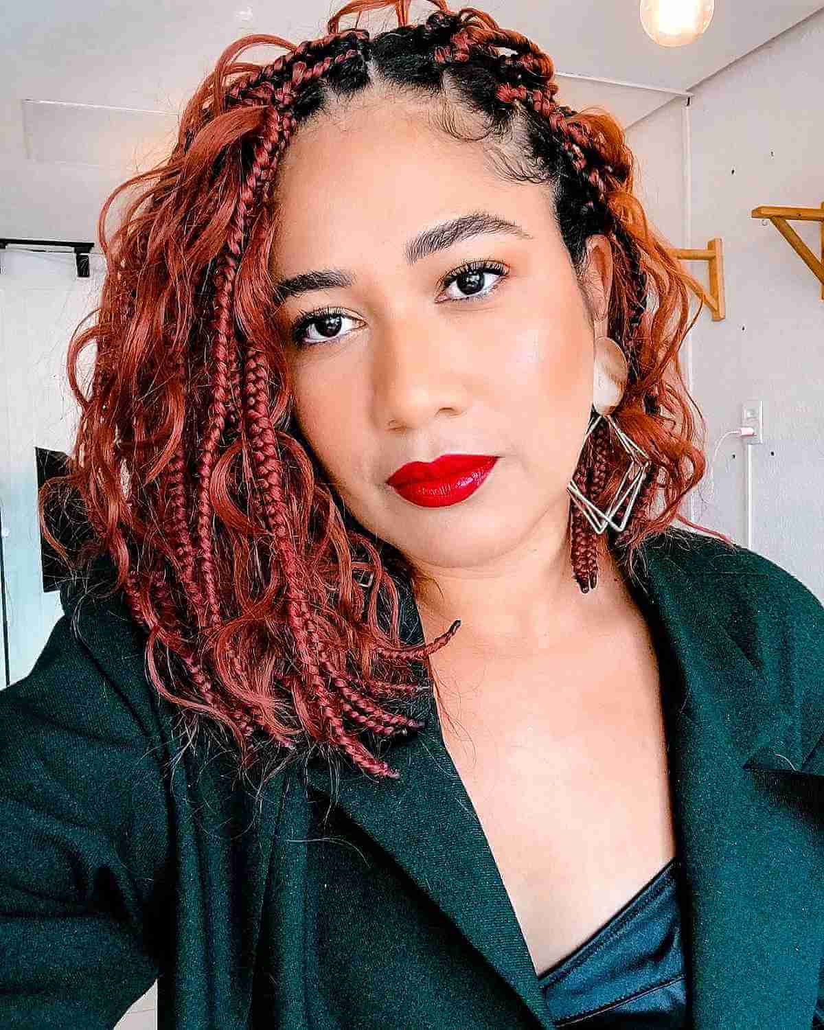 Vibrant Red Box Braids with Curly Ends Vibrant Red Box Braids with Curly Ends — Braids for Medium Hair