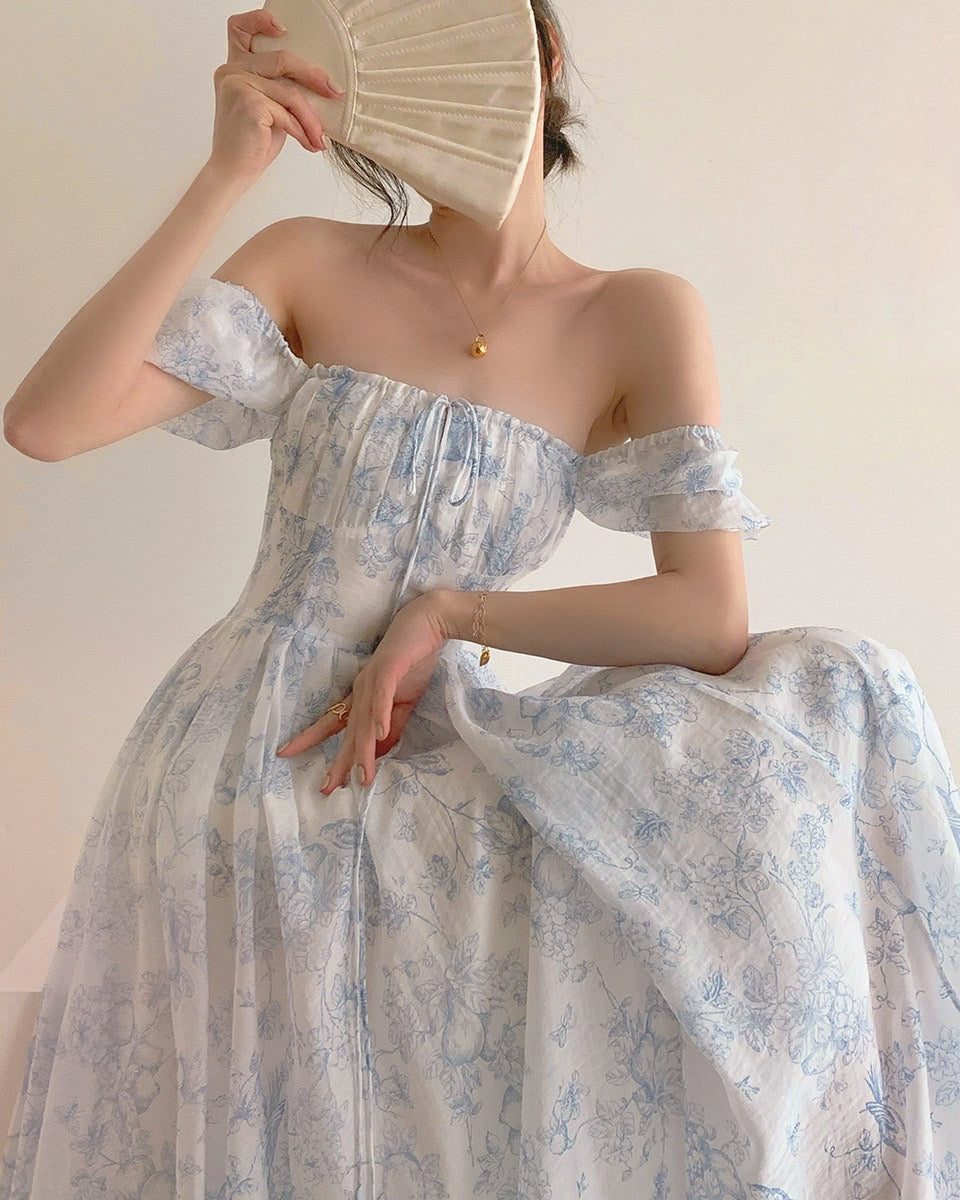 Blue Floral Maxi Dress with Off-the-Shoulder Ruffles — Princesscore Outfits