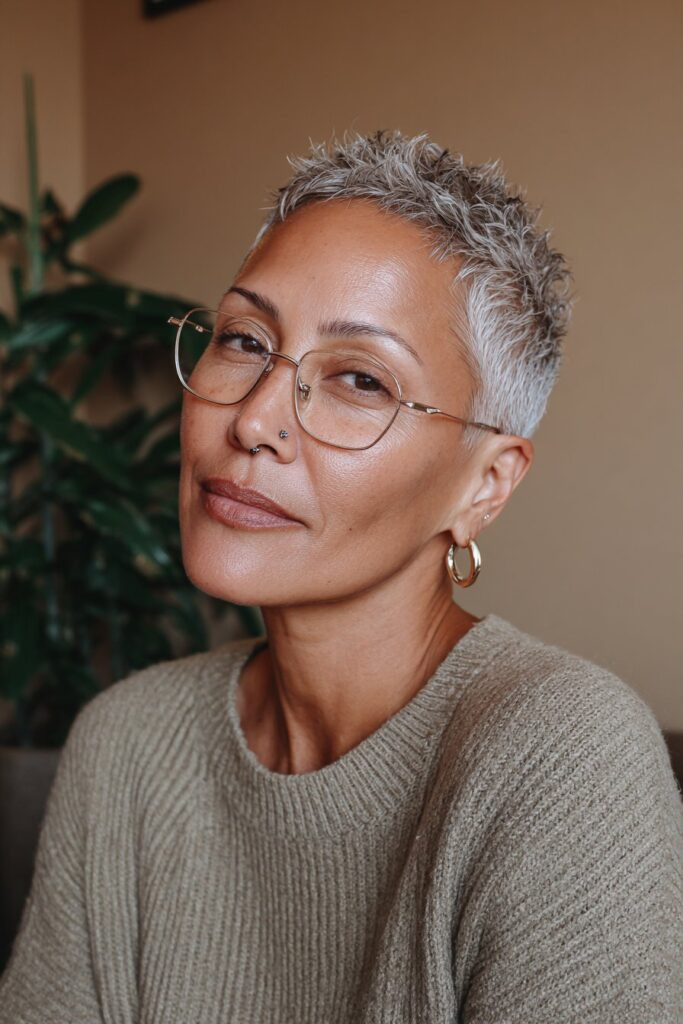 Textured Grey Pixie With Volume — Haircuts for Women Over 50 with Glasses