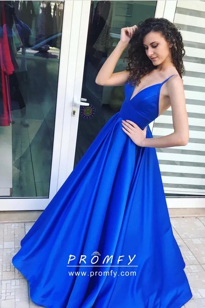 Royal Blue Satin Gown with Spaghetti Straps and High Slit — Military Ball Dresses