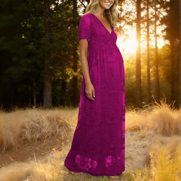 Fuchsia Lace Maternity Maxi Dress with Short Sleeves for a Vibrant Baby Shower Fuchsia Lace Maternity Maxi Dress with Short Sleeves for a Vibrant Baby Shower — Baby Shower Dresses