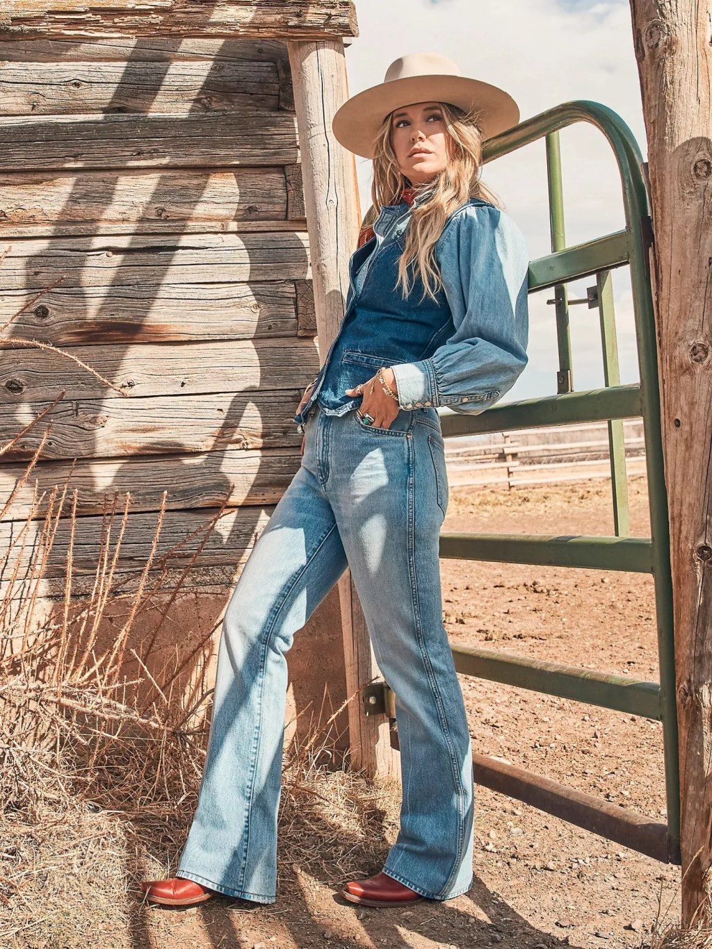 Layered Denim and Flare Jeans with Cowboy Hat — Cowboy Hat Outfits
