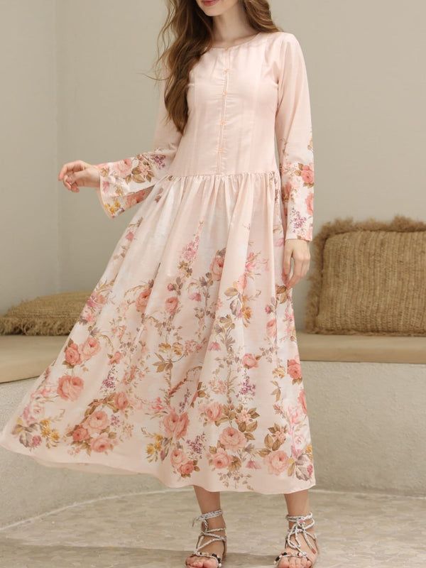 Pale Pink Floral Print Midi Dress with Bell Sleeves Pale Pink Floral Print Midi Dress with Bell Sleeves — Church Dresses